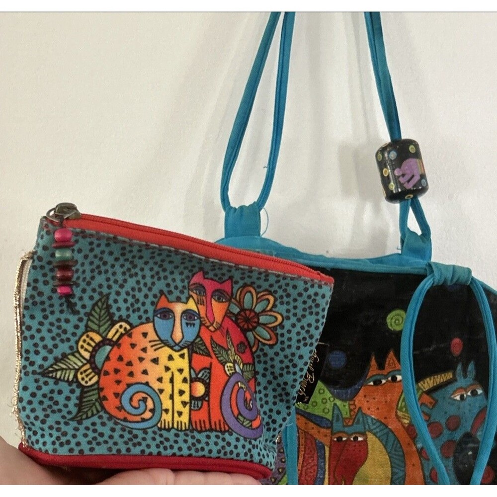 Laurel Burch Horses Canvas Shoulder Bag Beaded Tote w/mini cat bag *see wear pic - Picture 8 of 10